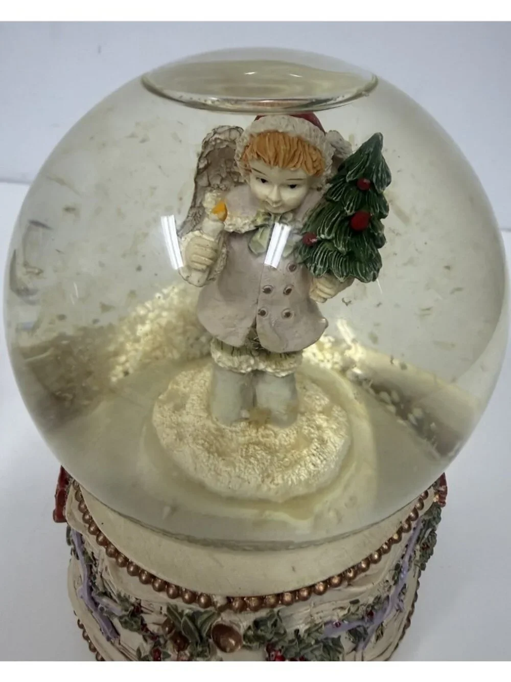 Vintage Christmas Angel Snow Globe Musical Box Holioday Decor Violin Holly Base
